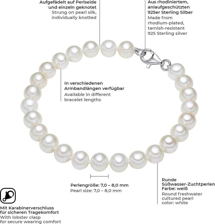 Produktbild Valero Pearls Damen Sterling Silber Süsswasser-Zuchtperle Weiss - 3850 (18 cm, Sterling Silber)