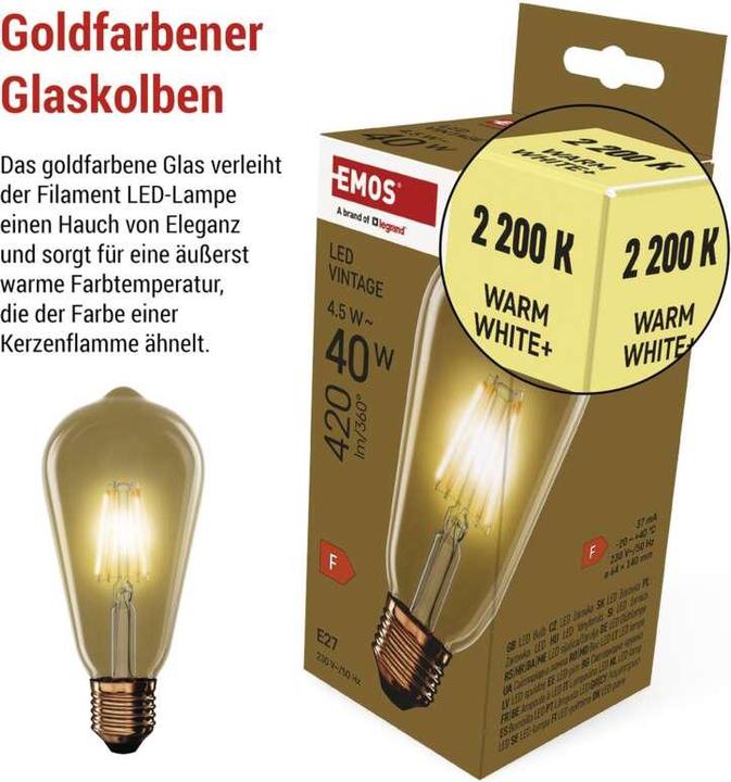 Image du produit Emos Lampe LED Vintage ST64 / E27 / 4,5 W (40 W) / 420 lm / Blanc chaud (E27, 4.50 W, 420 lm, 1 x, F)