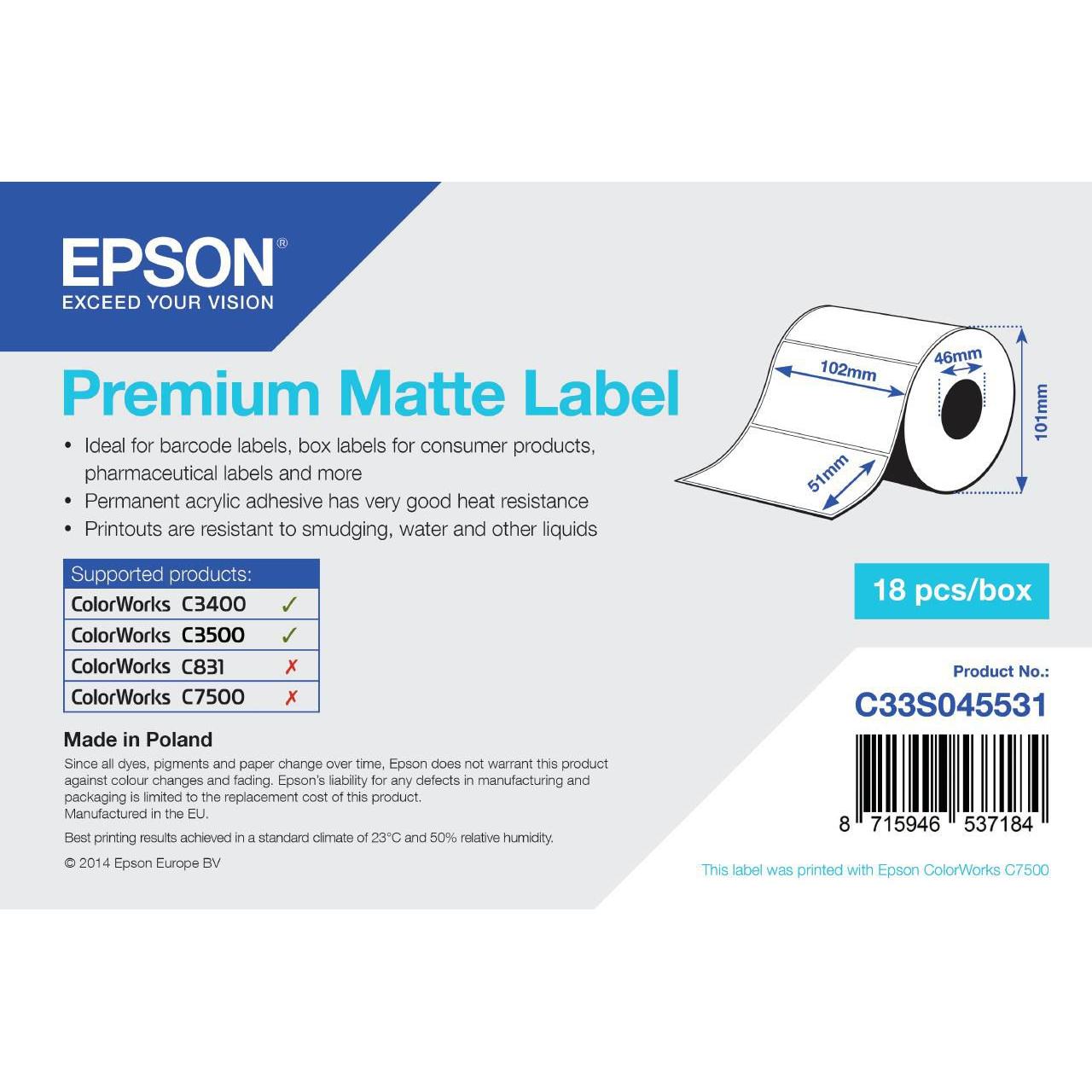 Epson, Etiketten, AUKŠČIAUSIOS KOKYBĖS MATINĖ ETIKETĖ - (C33S045531)
