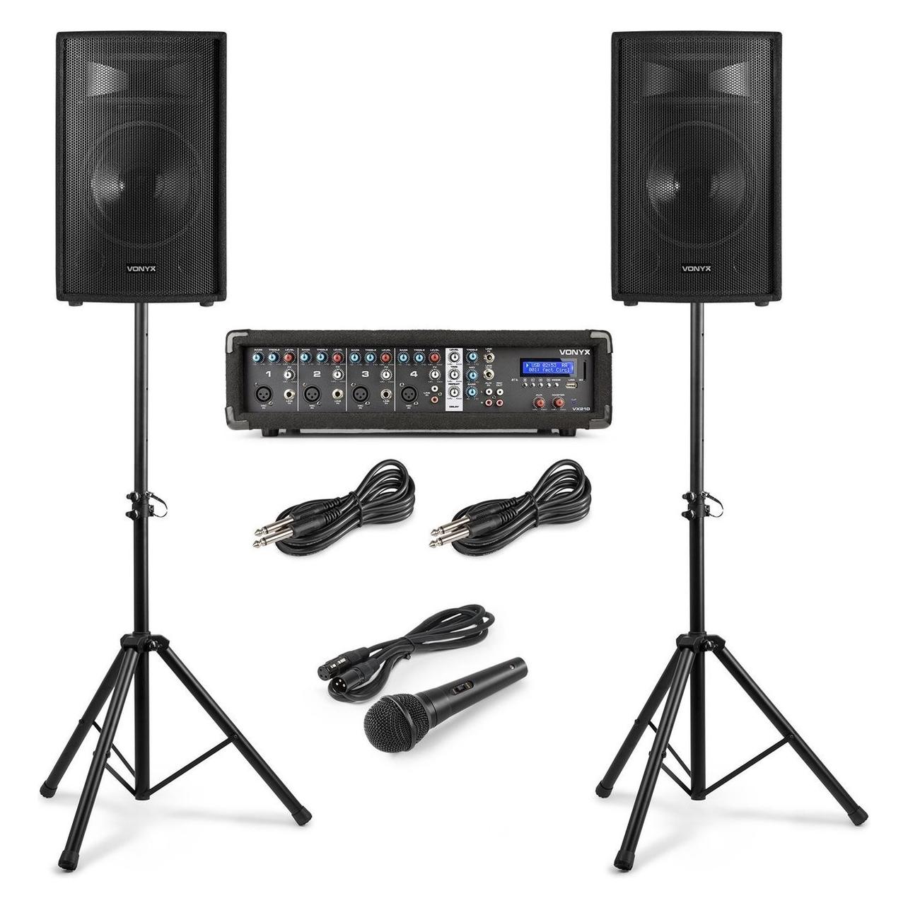 Vonyx VX210 Komplettes Soundsystem Zum Singen - 2x 10 Zoll Lautsprecher - 4 Kanalmixer Mit Gebautem (Passiv, 2x 400 W), Pa Lautsprecher, Schwarz