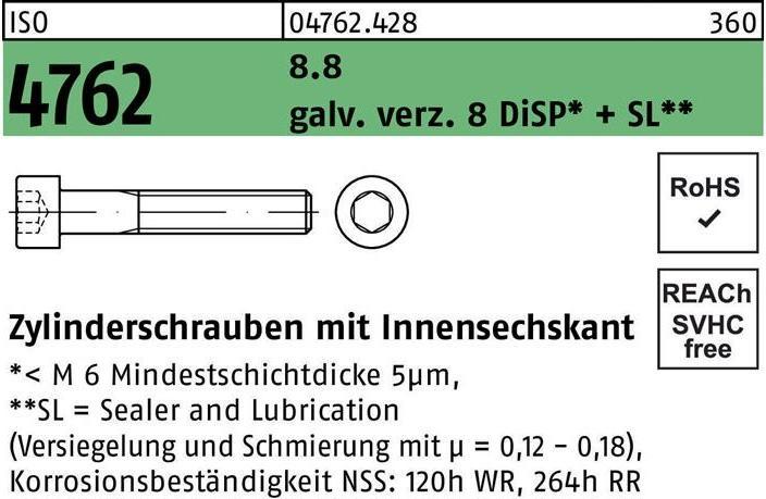 Produktbild Zylinderschraube ISO 4762 m.Innensechskant M 10 x 80 8.8 galvanisch verzinkt 8 DiSP+SL (100 Schrauben pro Stück)