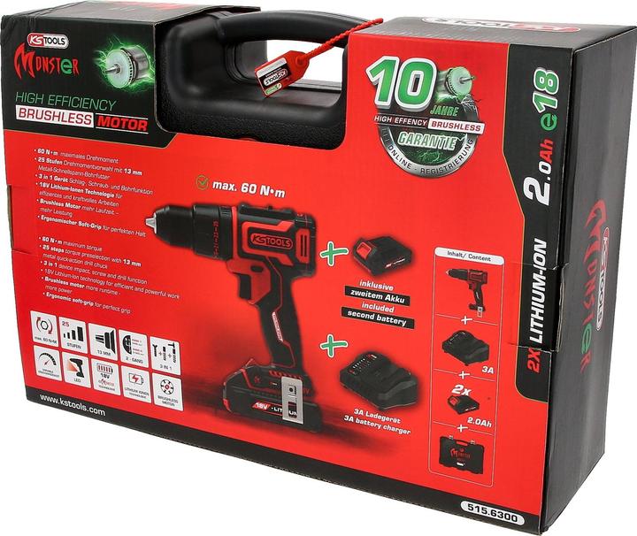 Produktbild KS Tools eMONSTER Brushless-Akku-Schlag-Bohr-Schrauber-Satz, 4-tlg | 18 Volt, 2 Akkus und Ladegerät