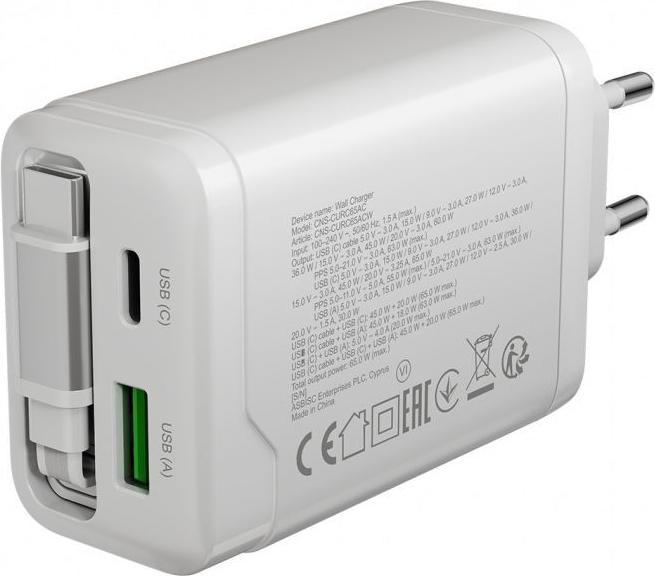 Actual product image Canyon Adapter charger OnCharge 65RC Build-In Cable USB-C 65W 1xPD 1xQC EU White (65 W, 2 ports)