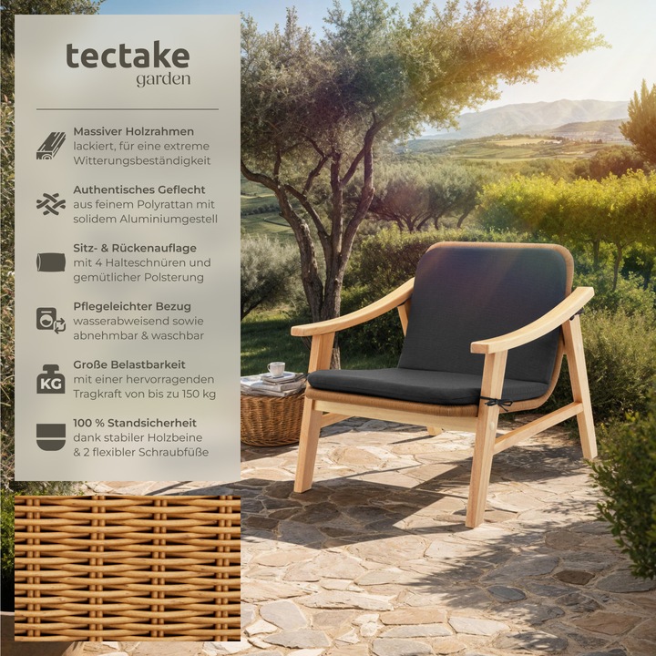 Immagine prodotto tectake Sedia in rattan Treviso, struttura in legno e cuscino