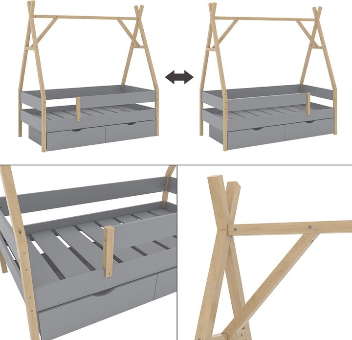 Produktbild VitaliSpa Tipi-Bett Bali, Grau, 80x160 cm mit 2 Schubladen (80 x 160 cm)