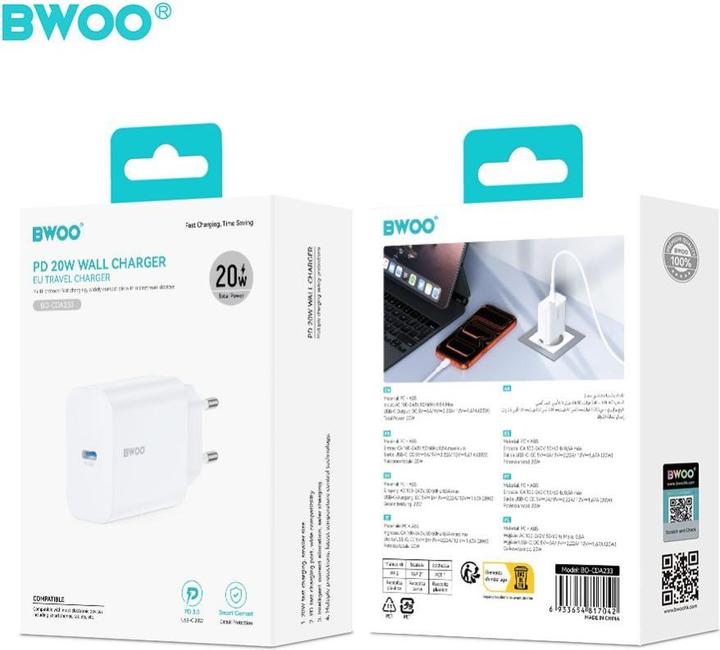 Actual product image Bwoo wall charger CDA233 PD 20W 1x USB-C white (20 W, 1 portion)