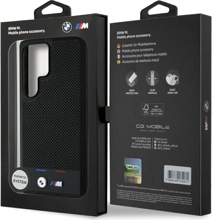 Actual product image BMW Leather Tricolor Stripe MagSafena Samsung Galaxy S25 Ultra Case - Black (Samsung Galaxy S25 Ultra)