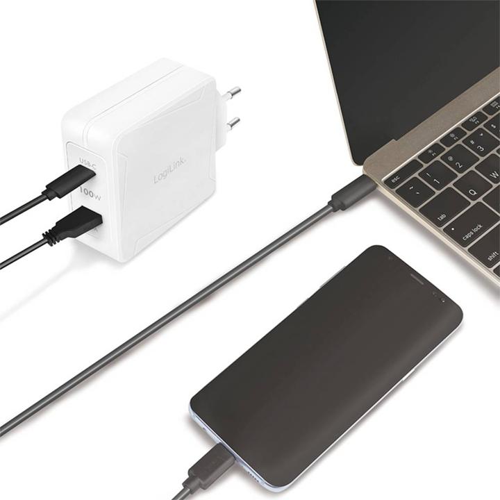Productafbeelding LogiLink USB-contactdoosadapter, 1x USB-C (PD) & 1x USB-A, GaN, 100 W (100 W, 2 ports)