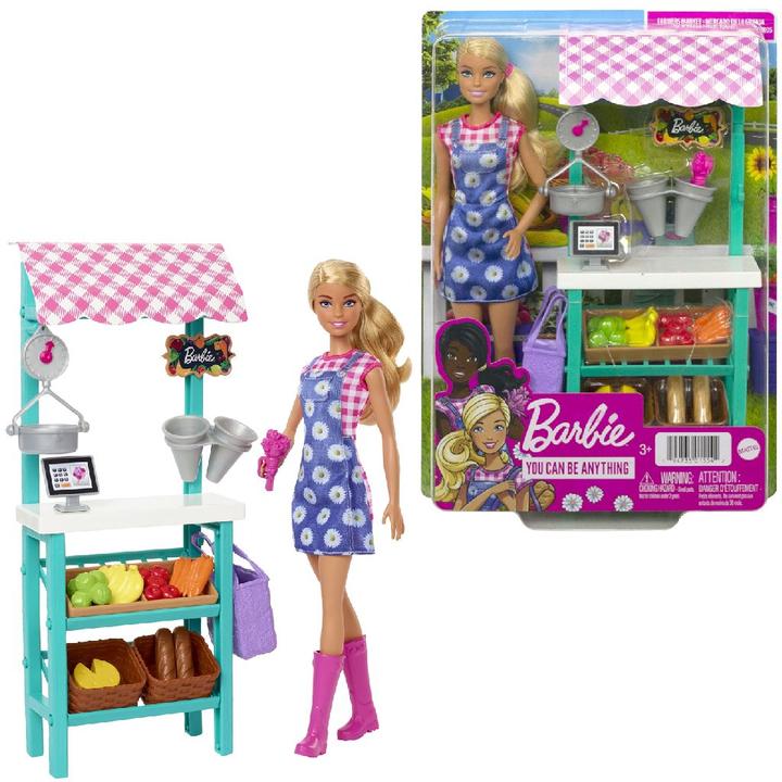 Produktbild Barbie Bauernmarkt-Spielset "Spass auf dem Bauernhof", -Puppe (blond), Marktstand, Acker, Gemüse, Brot