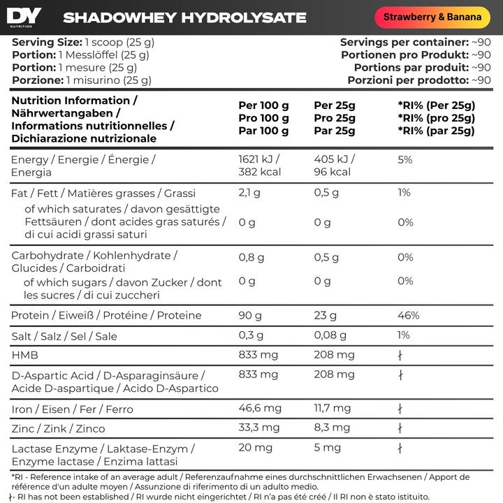 Nährwerte und Zutaten DY Nutrition Shadowhey Hydrolysate (2270 g, 1 x, Strawberry Banana)