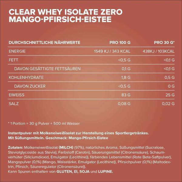 Nutritional values and ingredients IronMaxx Clear Whey Isolate Zero (400G Dose) (400 g, 1x)