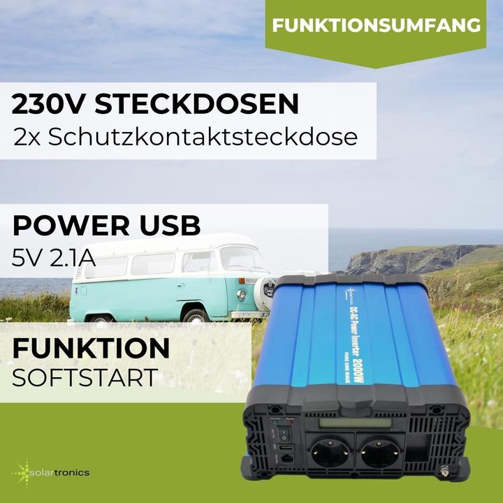 Produktbild Solartronics Spannungsomformer 2000W Pure Sinus 24V mit Display für LiFePO4 und Bleibatterien