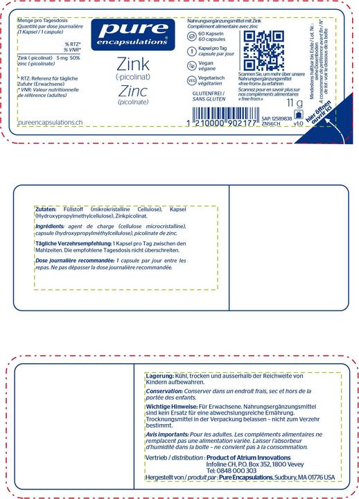 Nutritional values and ingredients Pure encapsulations Zinc (60 pcs., Capsules, 11 g)
