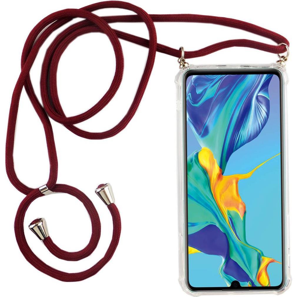 König Design Huawei P30 Lite Handykette Hülle mit Band Case zum umhängen mit Kordel Etui Rot, Handykette, Transparent