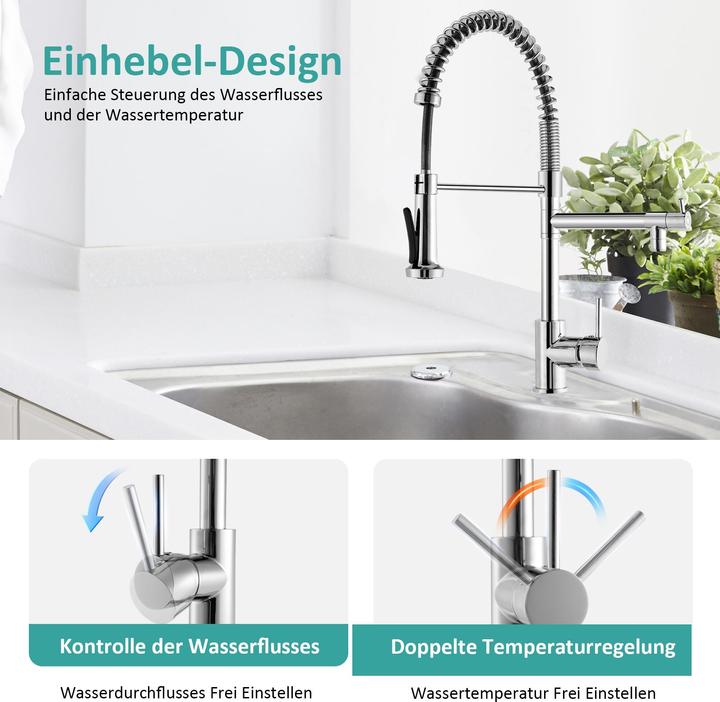 Actual product image Emke Kitchen Mixer Tap with 60cm Nylon Hose, 2 Spray Modes, Chrome