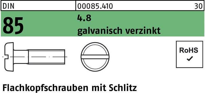Produktbild Flachkopfschraube DIN 85/ISO 1580 Schlitz M 4 x 10 4.8 galvanisch verzinkt (200 Schrauben pro Stück)