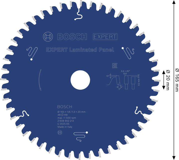 Actual product image Bosch Professional Zubehör Blau Zubehör 2608902214 EXPERT Kreissägeblatt Schichtstoffplatte 165 x 1,8/1,3 x 20 mm T48