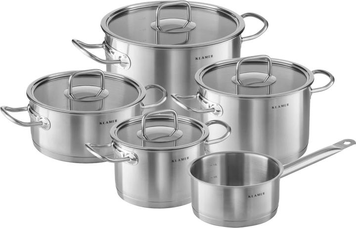 KLAMER Topf-Set 5-tlig. mit Glasdeckel, Induktion, unbeschichtetes Edelstahl Profi-Kochtopfset (23.15 cm, Pfannenset + Topfset, Edelstahl)