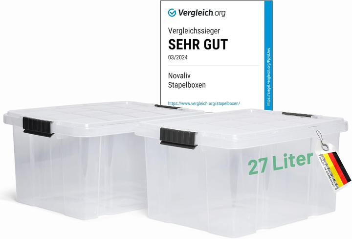 Immagine prodotto Novaliv 2x Aufbewahrungsboxen mit Deckel 27L transparente Nestbar stapelbare Storage boxes mit Clipv (46,5 x 36,5 x 24 cm, 27 l)