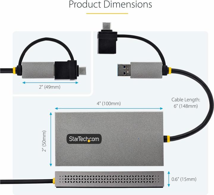 Actual product image StarTech com USB to Dual HDMI Adapter, USB A/C to 2x HDMI Displays (1x 4K30Hz, 1x 1080p), Integrated (USB-C, USB-A, 10 cm)
