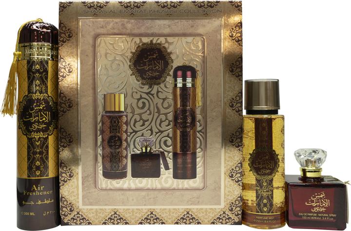 Actual product image Lattafa Perfumes Shams Al Emarat Khususi Gift Set 100ml Eau de Parfum Room Spray Body Spray (Fragrance set)