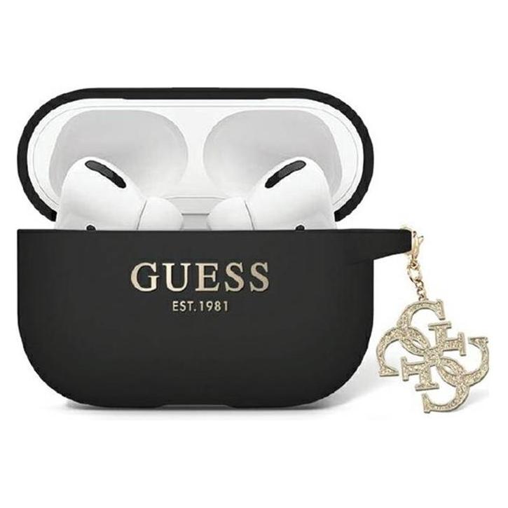 Guess GUAP2LECG4K AirPods Pro 2 Cover Czarny/black Liquid Silicone Glitter Triangle Charm (Kopfhörer Tasche), Kopfhörertasche + Schutzhülle,
