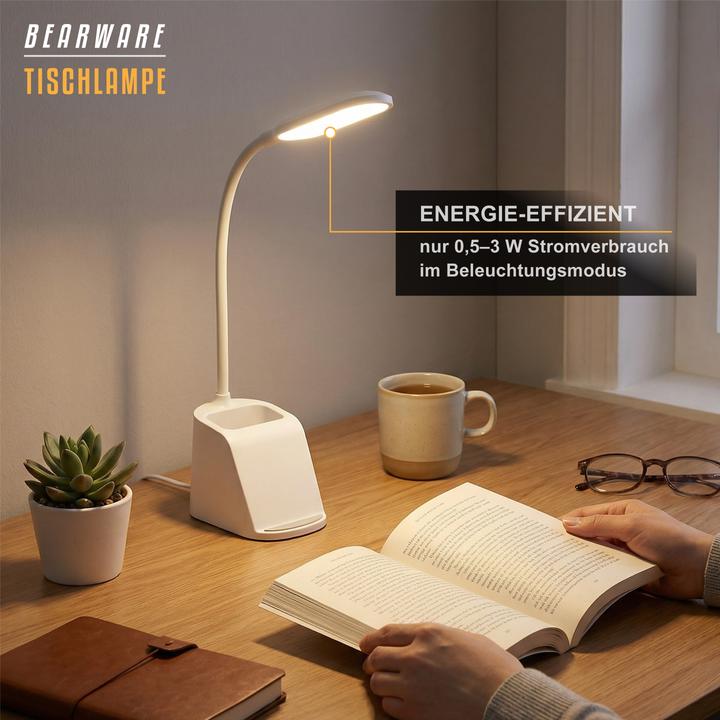 Actual product image Bearware LED Schreibtischlampe dimmbar mit Qi-Lader 15 W, Touch, warm/kalt/neutral, Nachtlicht, Stifthalter