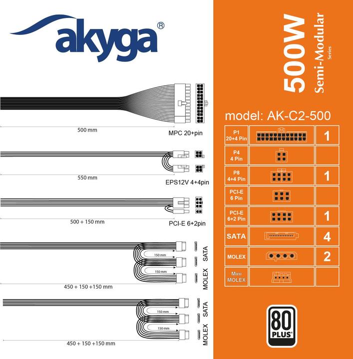 Produktbild Akyga Power Supply ATX 500W AK-C2-500 Semi-Modular P4+4 2x PCI-E 6+2 pin 4x SATA 2x Molex FAN 12cm (468 W)