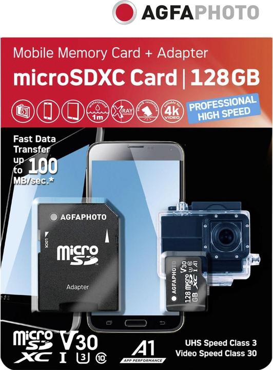 Image du produit AGFAPHOTO MicroSDXC UHS I 128GB Prof. Haute Vitesse U3 / V30 / A1 (128 Go, microSDXC, U3, UHS-I)