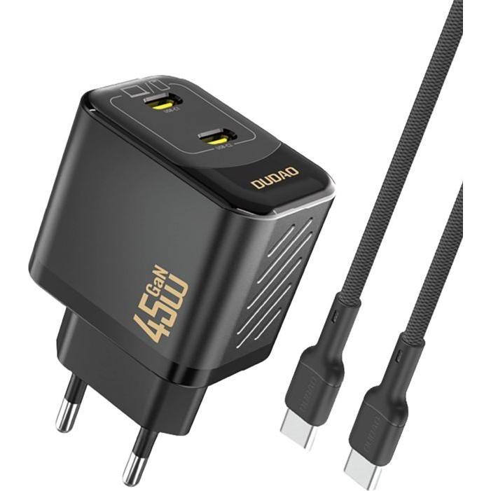 Dudao Nero A28pceu 45W Gan Charger + Usb-C Black (45 W, 2 Porte), Caricatore Usb,