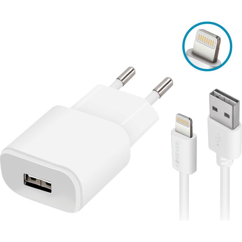 Forever TC-01 Ladegerät 1x USB 1A weiss + Lightning Kabel, USB Ladegerät, Weiss
