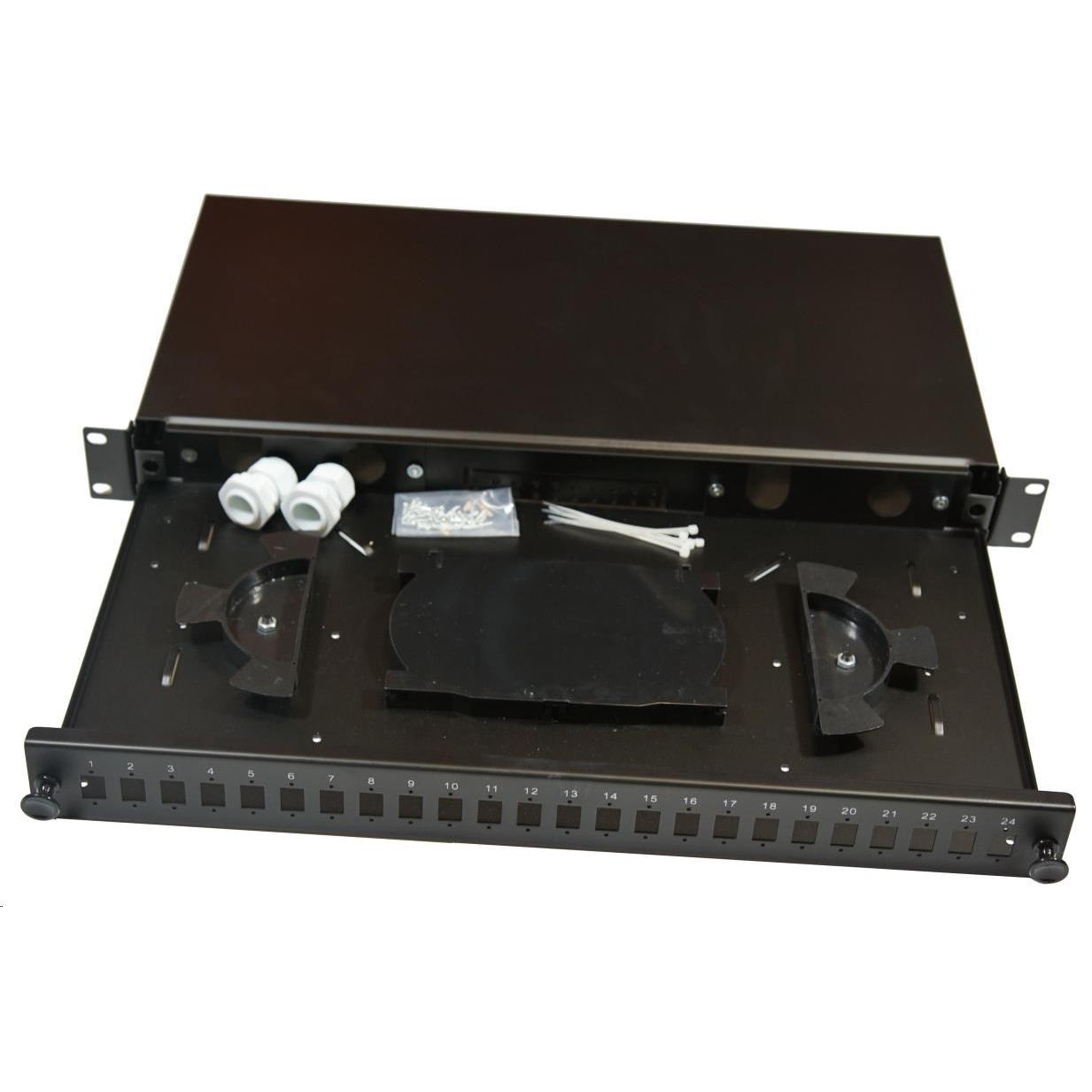 OEM Optická vana výsuvná 1U, 24x SC simplex (24x LC duplex, 24x E2000) s kazetou per 24 svarů, černá (Case), Accessori di elettronica + Alloggiamento,