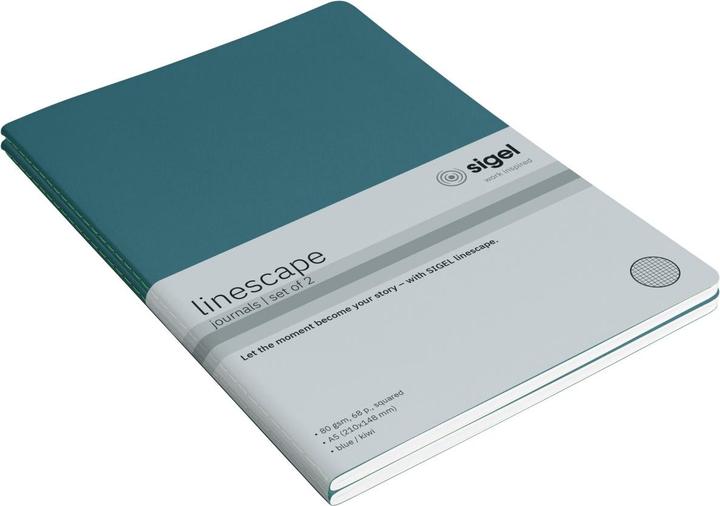 Actual product image Sigel 2 notebooks Linescape DIN A5 chequered, medium blue, neon green softcover 68 pages (A5, Checked, Soft cover)
