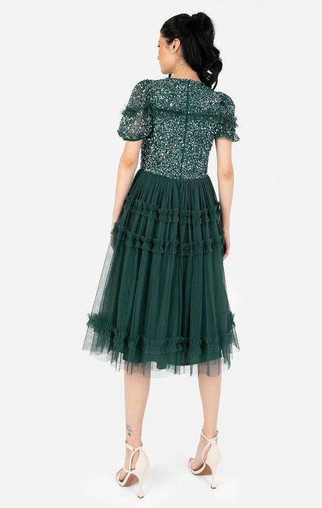 Actual product image Maya Deluxe Embellished Midi Dress with Puff Sleeves for Wedding Guest and Bridesmaid (34, 36, 38, 40, 42, 44, 46, 48, 50, 52, 54)