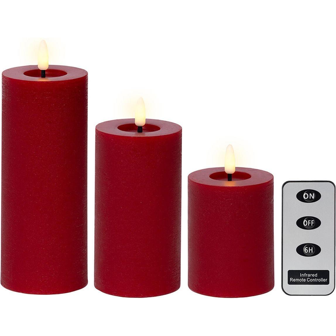 Lumineo, Candela a LED, Led wax candle, red colour, rustic finish, ø7cm with different heights, 3 units (3x)