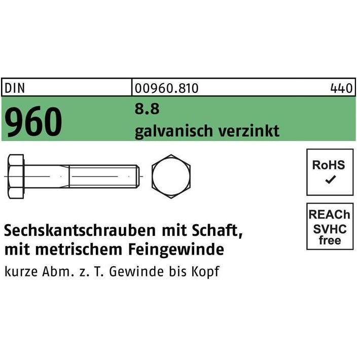 Schrauben, Sechskantschraube DIN 960 m.Schaft M 12x1,5 x 90 8.8 galvanisch verzinkt (50 Schrauben pro Stück)