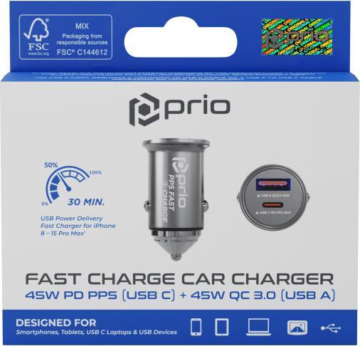 Actual product image prio Fast Charge car charger 45W PD (USB C) + 45W (USB A) black