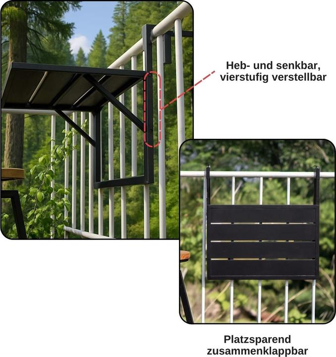 Produktbild Hermex Balkon-Hängetisch Klappbarer Balkontisch Outdoor-Tisch Ablage (60 cm)
