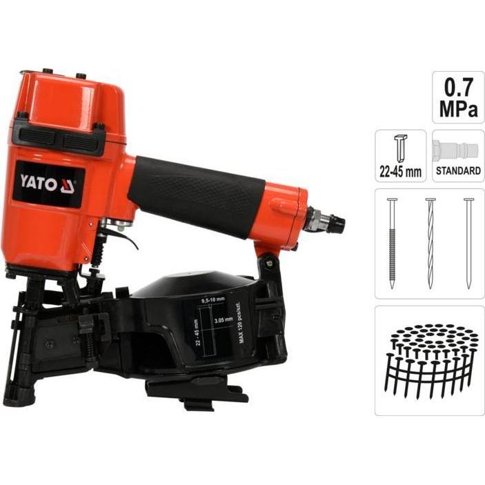 Yato, Tacker + Nagelpistole, Profi Coilnagler 22-45mm Magazinkapazität: max. 120 Stück Standard 1/4"-Kupplung incl.