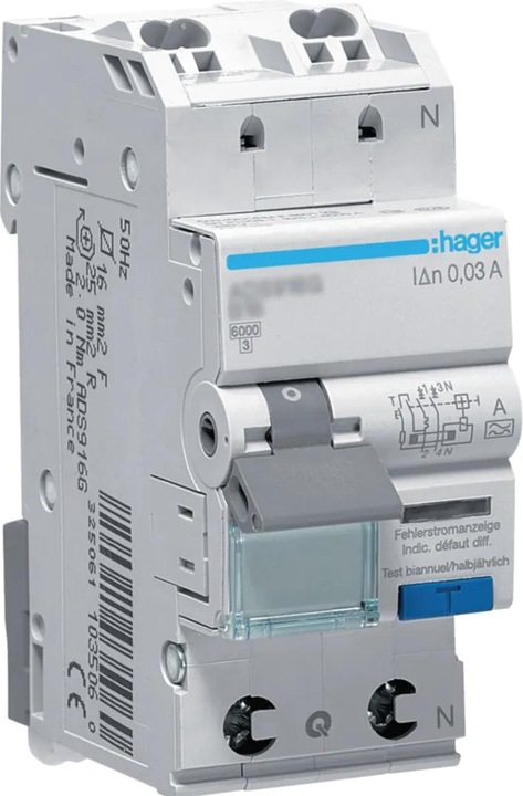 Image du produit Hager HAG ADS960D Interrupteur Fi/LS QC&QB 1P+N 6kA C-10A 30mA 2p