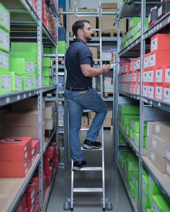 Produktbild Munk Stufen-Regalleiter fahrbar für Doppelregal 7 Stufen (Regalleiter, 203 cm)