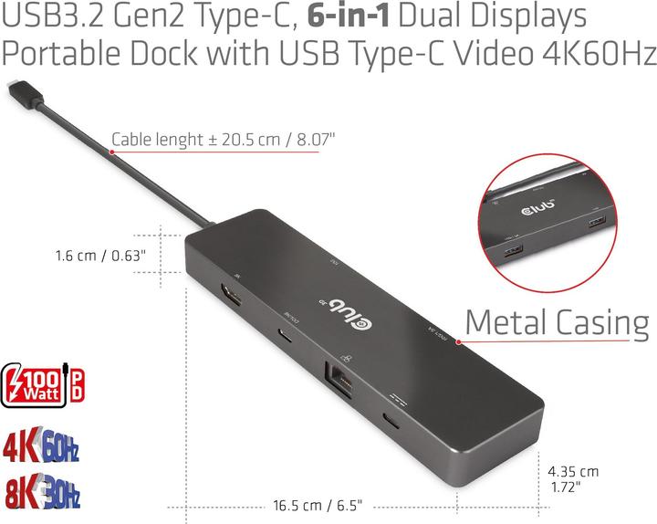 Actual product image Club 3D Club3D USB-C Dock > HDMI/USB-C(8K)/2xUSB/USB-C(PD100W)/RJ45 retail (USB-C, 6 ports)