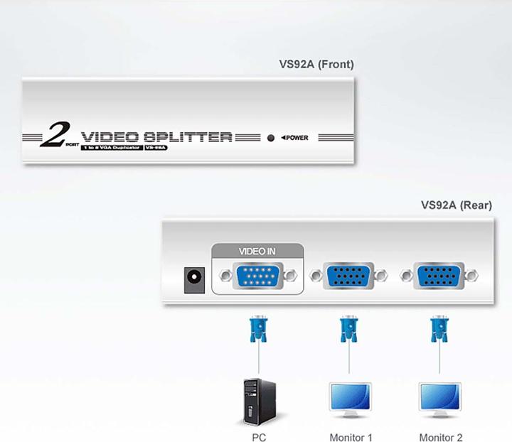 Produktbild Aten VS92A, 2 Port VGA Splitter mit Signalverstärker bis 30m