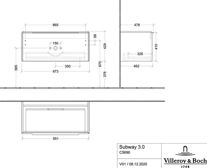 Produktbild Villeroy & Boch Subway 3.0, Waschbeckenunterschrank, 973x429x478, 1 Auszug, C56902