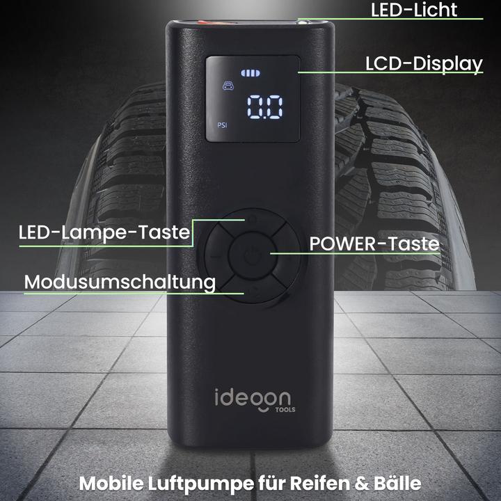Actual product image Ideoon Ultrakompakte Akku-Kompressor-Luftpumpe, 150 psi, LCD-Display, 4.000 mAh, 35 Watt