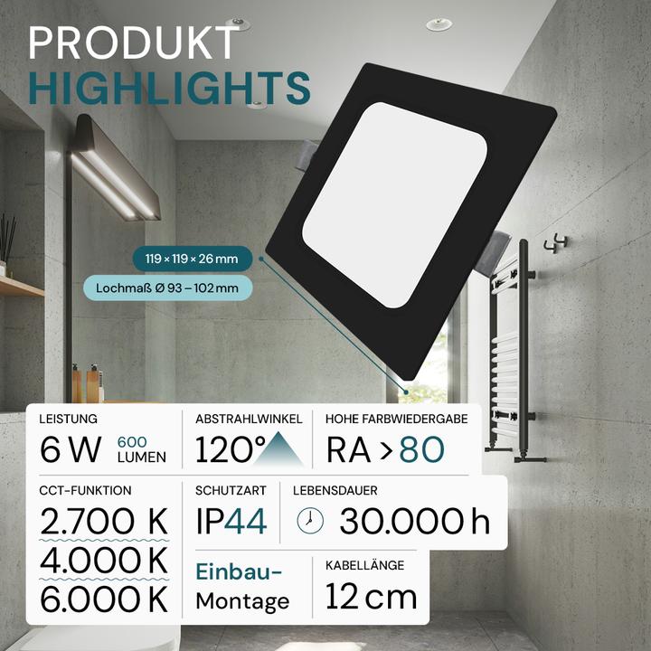 Produktbild Luxula LED Einbau Downlight, eckig, schwarz, 6W, IP44, 600lm, CCT (600 lm)