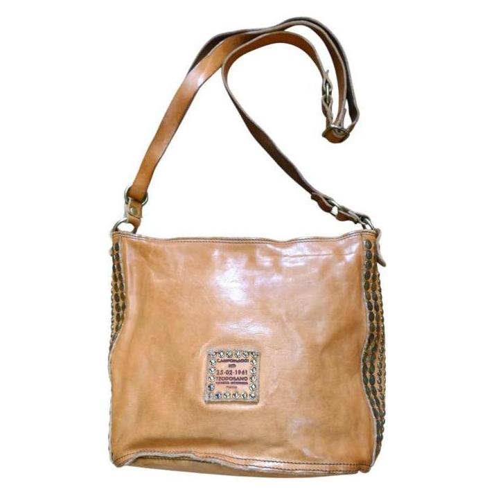 Campomaggi, Damen, Handtasche, Ledertasche Mit Nieten Gold, Braun, Gold
