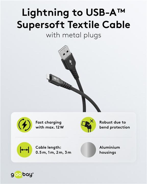 Actual product image Goobay Lightning USB-C Supersoft textile cable with metal plugs, 2 m (2 m, USB 2.0, 60 W)