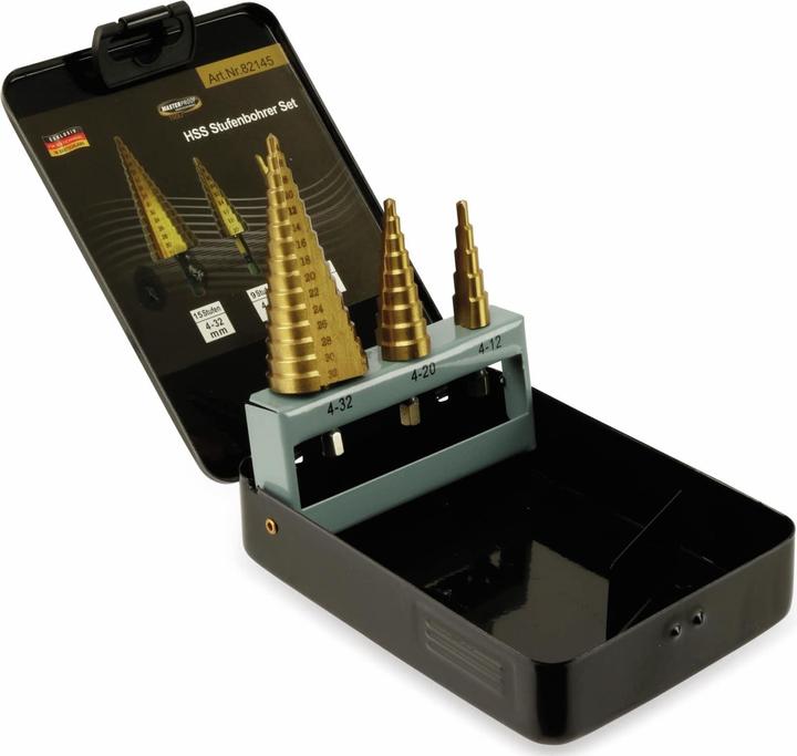Actual product image Masterproof Step drill set 3 pieces, in metal box (10, 12, 14, 16, 18, 20 mm, 4, 6, 8)