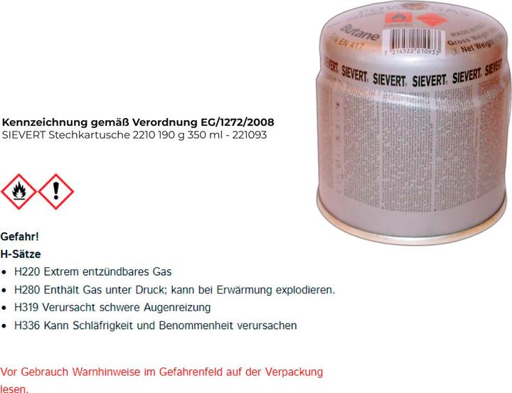 Produktbild Sievert Gaskartusche 190 g 1 St.